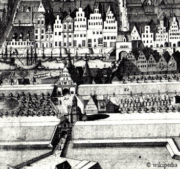 Die Holstentoranlage von Lbeck um 1728  -  Fr eine grere Darstellung auf das Bild klicken.