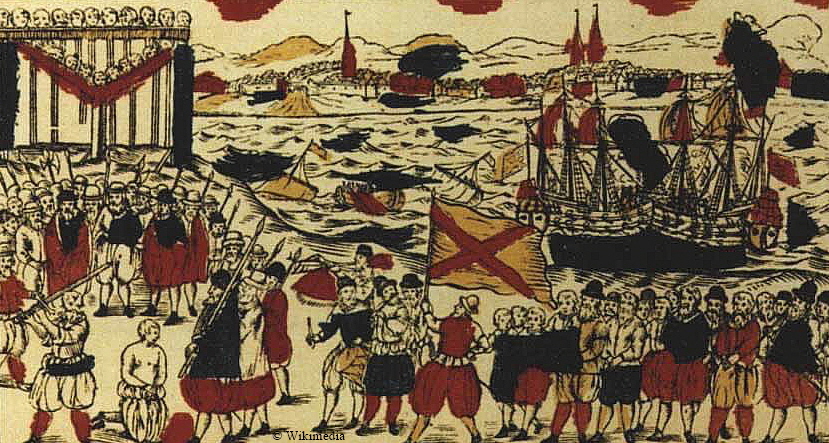 Hinrichtung von Vitalienbrüdern im Jahre 1401. Darstellung auf einem damals üblichen Handzettel mit Begleittext: Anno 1401. haben die Hamburger den berühmten See-Räuber Claus Störtebeck / nebst noch einem / Wichmann genannt / bey das Heilig-Land angetroffen / worauff sie die See-Räuber tapfer angegriffen / bey 42. Mann erschlagen / und 70. gefänglich in Hamburg gebracht / welche alle auf dem Brocke sind enthauptet / und ihre Köpffe auf Pfähle gestecket; der Scharfrichter so sie gerichtet / hieß Rosenfeld. Zum Gedächtniß dieser / oder der Hamburger rühmlichen That (welche Ehre / nebst GOtt / dem Herrn Simon von Utrecht / Herrn Hinrich Jenefeld / und Herrn Claus Schacke / Raht-Männer zu Hamburg / und Haupt-Leute auf den Schiffen zuzuschreiben ist) hat man eine stattliche Silber-Geschirr so in der Schiffer Gesellschafft befindlich machen lassen / aus welchen Fremde und Einheimische die Gesundheit zu trinken pflegen / und wird dabey ein Buch überreichet / in welchen jedweder seinen Nahmen / nebst einem Gedenck-Spruch einzuschreiben pflegt / und solch Geschirr wird der Stürtzebecher genannt. Im selbigen Jahr sind abermahl 80. See-Räuber aufgebracht / deren Hauptleute waren Gödecke Micheel und Gottfried Wichold / promovirter Magister Artium, sie wurden gleichfals auf dem Brocke enthauptet / und ihre Köpffe auf Pfähle / zu den vorigen gestecket. Hinrichtung von Vitalienbrüdern im Jahre 1401. Darstellung auf einem damals üblichen Handzettel mit Begleittext: Anno 1401. haben die Hamburger den berühmten See-Räuber Claus Störtebeck / nebst noch einem / Wichmann genannt / bey das Heilig-Land angetroffen / worauff sie die See-Räuber tapfer angegriffen / bey 42. Mann erschlagen / und 70. gefänglich in Hamburg gebracht / welche alle auf dem Brocke sind enthauptet / und ihre Köpffe auf Pfähle gestecket; der Scharfrichter so sie gerichtet / hieß Rosenfeld. Zum Gedächtniß dieser / oder der Hamburger rühmlichen That (welche Ehre / nebst GOtt / dem Herrn Simon von Utrecht / Herrn Hinrich Jenefeld / und Herrn Claus Schacke / Raht-Männer zu Hamburg / und Haupt-Leute auf den Schiffen zuzuschreiben ist) hat man eine stattliche Silber-Geschirr so in der Schiffer Gesellschafft befindlich machen lassen / aus welchen Fremde und Einheimische die Gesundheit zu trinken pflegen / und wird dabey ein Buch überreichet / in welchen jedweder seinen Nahmen / nebst einem Gedenck-Spruch einzuschreiben pflegt / und solch Geschirr wird der Stürtzebecher genannt. Im selbigen Jahr sind abermahl 80. See-Räuber aufgebracht / deren Hauptleute waren Gödecke Micheel und Gottfried Wichold / promovirter Magister Artium, sie wurden gleichfals auf dem Brocke enthauptet / und ihre Köpffe auf Pfähle / zu den vorigen gestecket.
