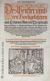 Das Werk Opus chyrurgicum von Philippus Theophrastus Aureolus Bombast von Hohenheim, Paracelsus genannt, mit der folgenden interessanten Deckblattbeschreibung: Opus chyrurgicum, des Weitberumbten Hochgelehrten und Erfarnen Aureoli Theophrasti Paracelsi Medici / &c. Wund und Artzney Buch. ... Sampt vier Büchern wolermeldts Theophrasti Paracelsi / so jetzt erst hinzu kommen. Alles mit sonderlichem fleiß durch Herrn Adam von Bodenstein / beyder Artzneyen Doctorn / zu nutzen und wolfart Teutscher Nation in Truck geben. Mit vielen schönen auch lustigen und zu diesem werck notwendigen Figuren. - Für eine größere Bilddarstellung klichen Sie bitte auf das Photo. Das Werk Opus chyrurgicum von Philippus Theophrastus Aureolus Bombast von Hohenheim, Paracelsus genannt, mit der folgenden interessanten Deckblattbeschreibung: Opus chyrurgicum, des Weitberumbten Hochgelehrten und Erfarnen Aureoli Theophrasti Paracelsi Medici / &c. Wund und Artzney Buch. ... Sampt vier Büchern wolermeldts Theophrasti Paracelsi / so jetzt erst hinzu kommen. Alles mit sonderlichem fleiß durch Herrn Adam von Bodenstein / beyder Artzneyen Doctorn / zu nutzen und wolfart Teutscher Nation in Truck geben. Mit vielen schönen auch lustigen und zu diesem werck notwendigen Figuren. - Für eine größere Bilddarstellung klichen Sie bitte auf das Photo.