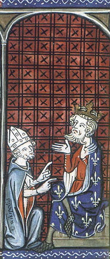 Philipp II. August empfängt einen päpstlichen Legaten. Illumination aus den Grandes chroniques de France, um 1335. (British Library, London) Philipp II. August empfängt einen päpstlichen Legaten. Illumination aus den Grandes chroniques de France, um 1335. (British Library, London)