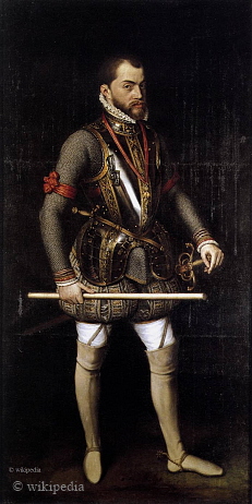 König Philipp II. von Spanien auf einem Porträt von Antonio Moro um 1557 - für eine größere Bilddarstellung klicken Sie bitte auf das Bild. König Philipp II. von Spanien auf einem Porträt von Antonio Moro um 1557 - für eine größere Bilddarstellung klicken Sie bitte auf das Bild.